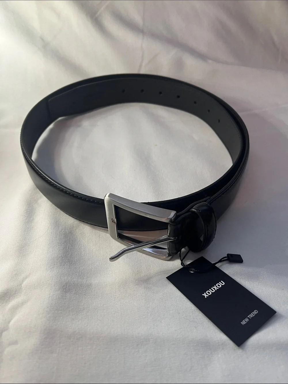 Black Leather Men's Belt with Silver Buckle